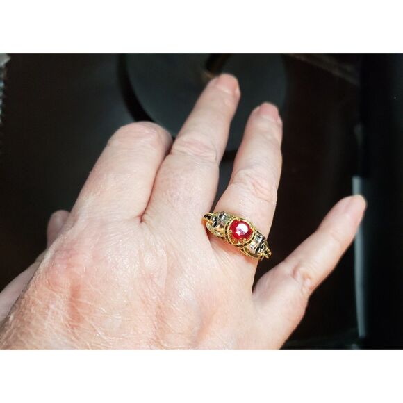 Men's Gold Red Stone Double Silver Carved Skull Ring Women's Thumb Ring Size 10 - Picture 5 of 10